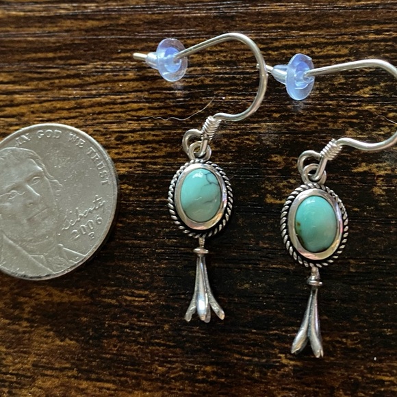 Native Jewelry - Small Squash Blossom in Sterling Silver and Turquoise Dangle Earrings